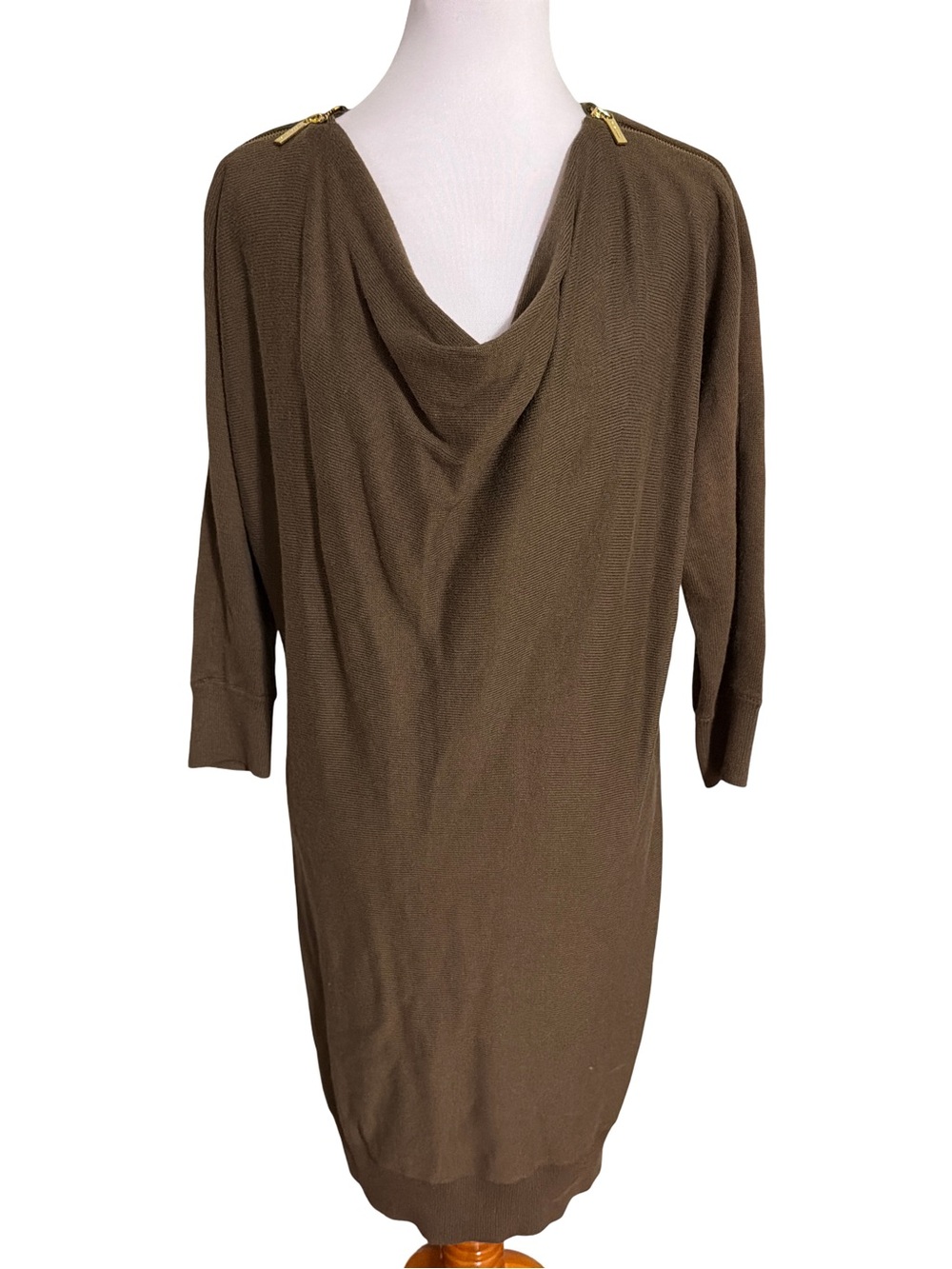 Michael Kors Olive Brown Sweater Dress Long Sleeve Drape Neck